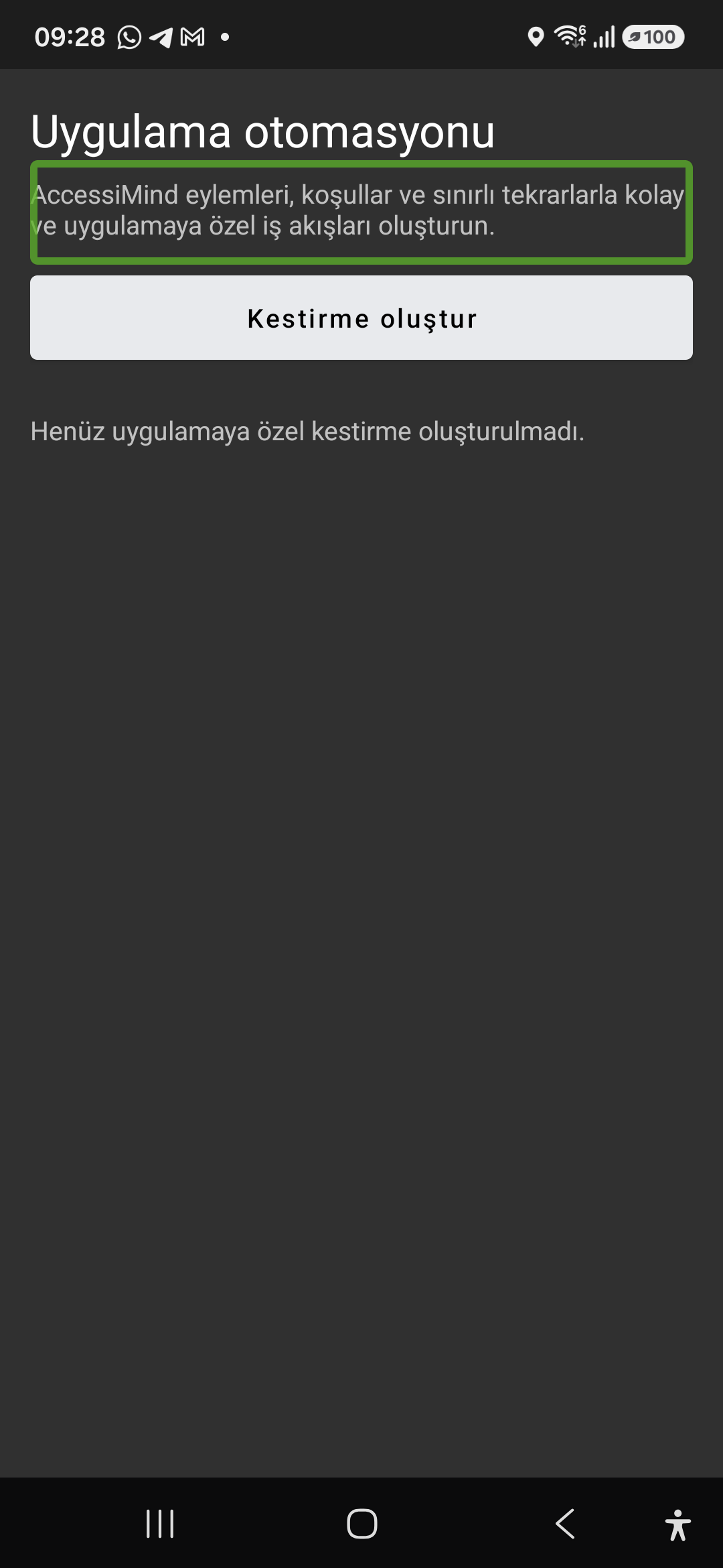 AccessiMind Reader app automation screen in Turkish