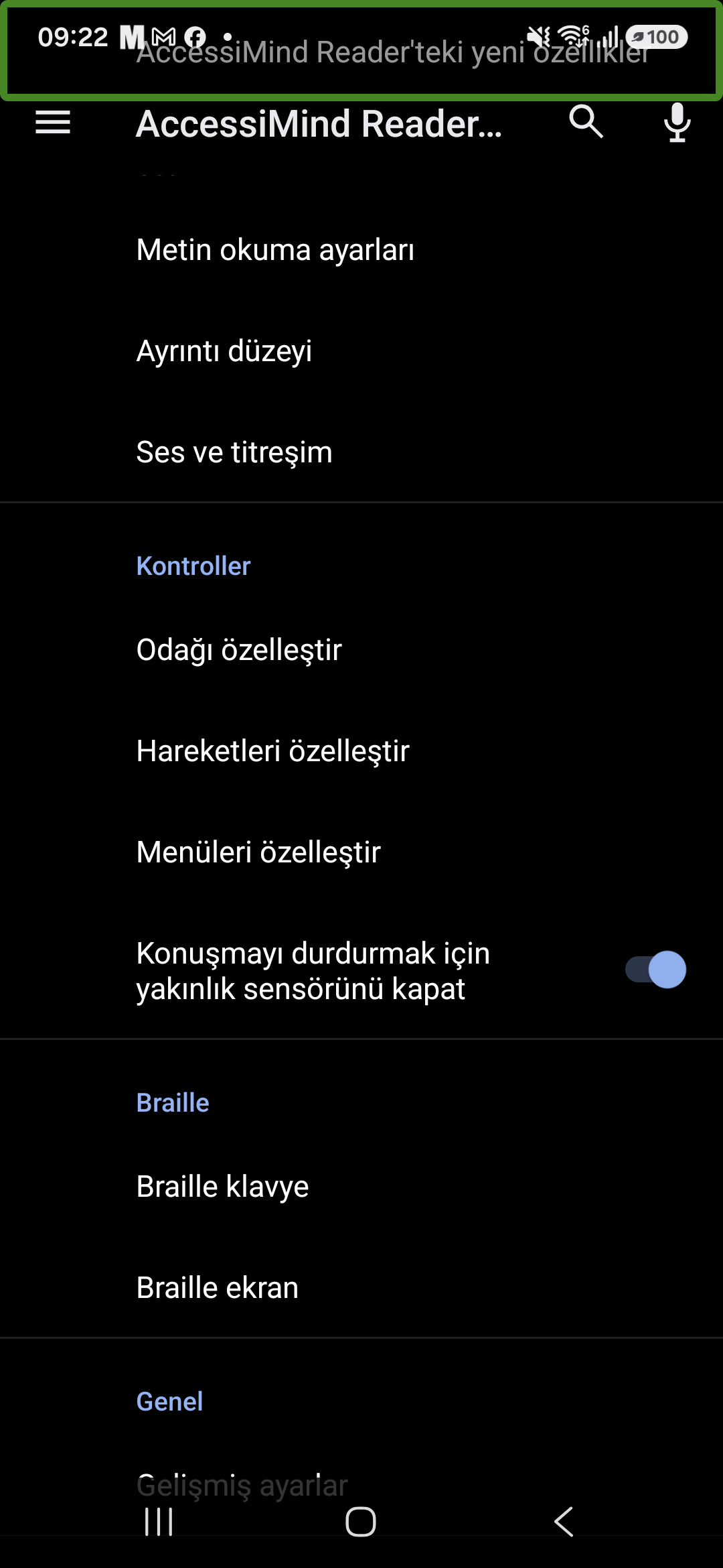 AccessiMind Reader main settings screen in Turkish